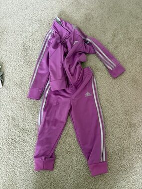 adidas Kids Purple Tracksuit with Silver Stripe Accents